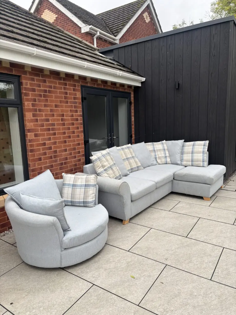DFS LIGHT BLUE CORNER SOFA AND ARMCHAIR (RRP OVER £1800)