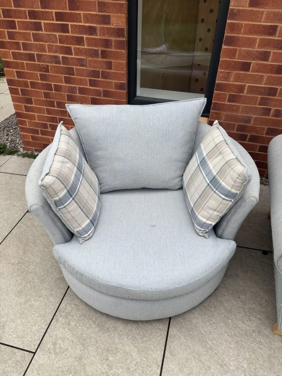 DFS LIGHT BLUE CORNER SOFA AND ARMCHAIR (RRP OVER £1800)