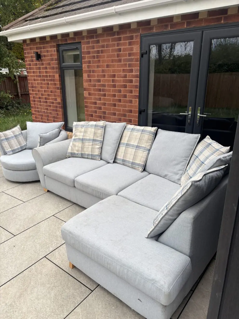 DFS LIGHT BLUE CORNER SOFA AND ARMCHAIR (RRP OVER £1800)
