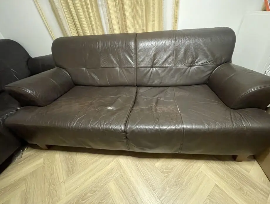 Two Brown Genuine Leather 3-Seater Sofas – Comfortable & Stylish