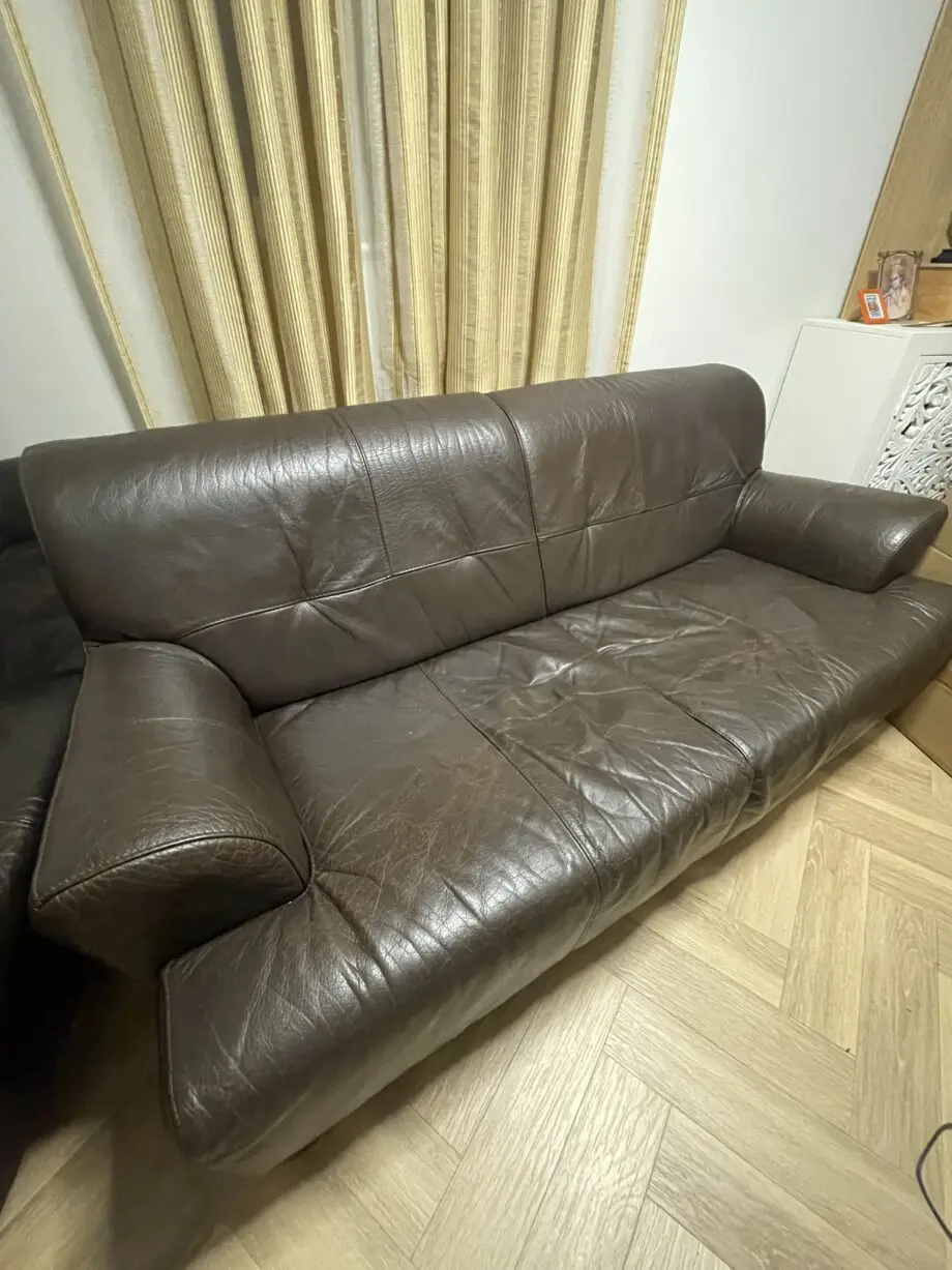 Two Brown Genuine Leather 3-Seater Sofas – Comfortable & Stylish