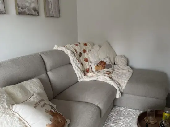 beige L shaped sofa