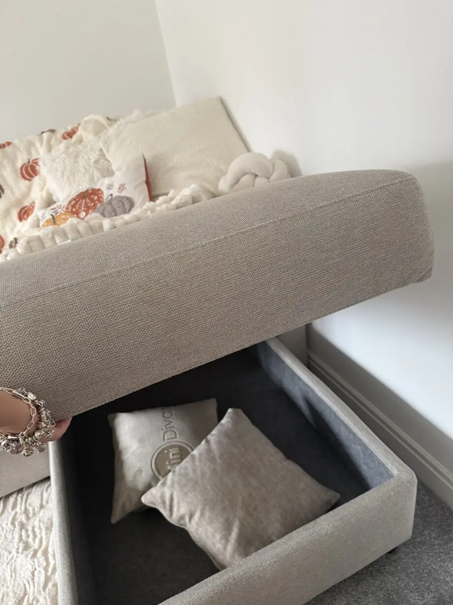 beige L shaped sofa