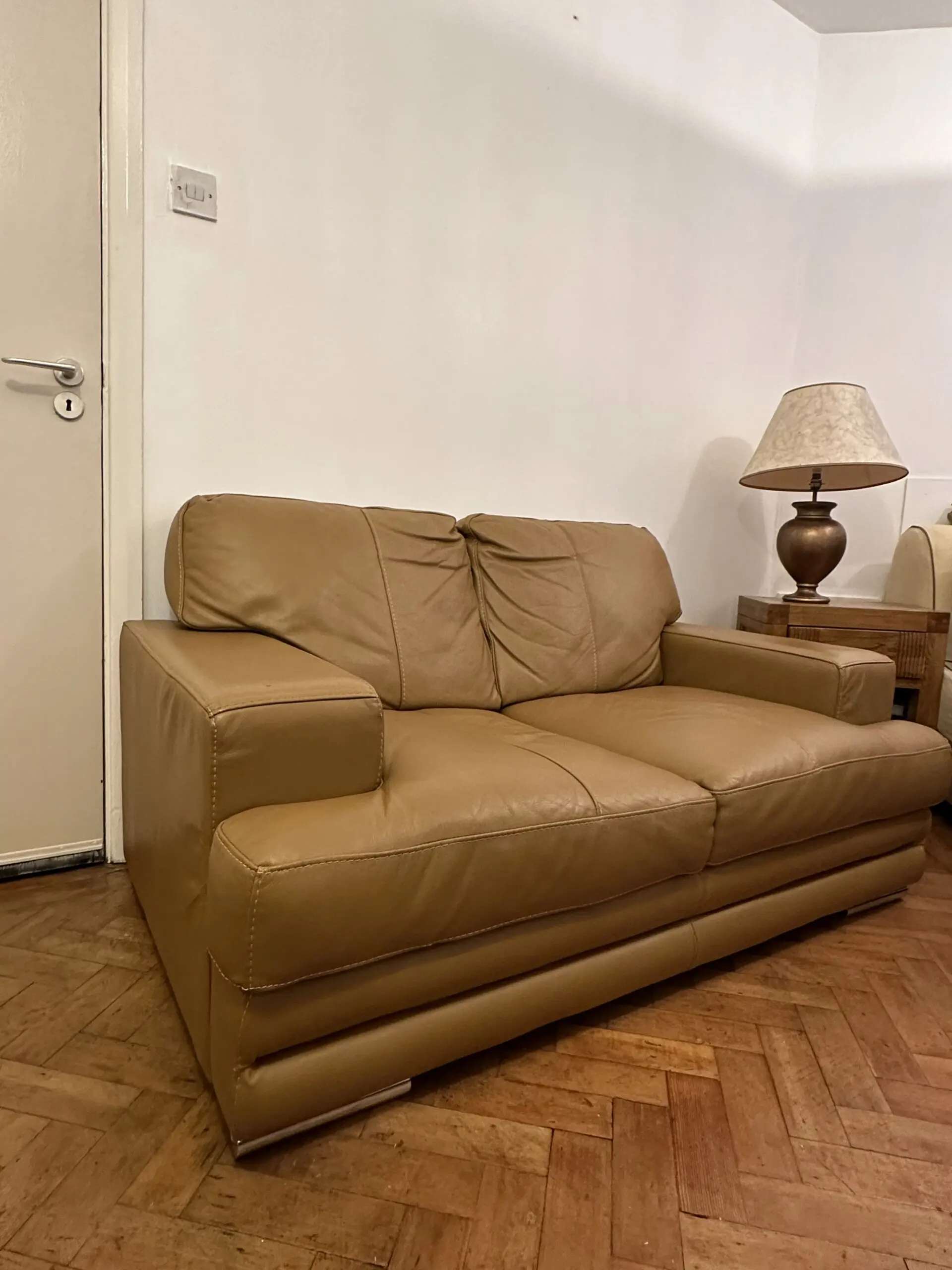 Set of 2 DFS Modern Tan 2-Seated Leather Sofas