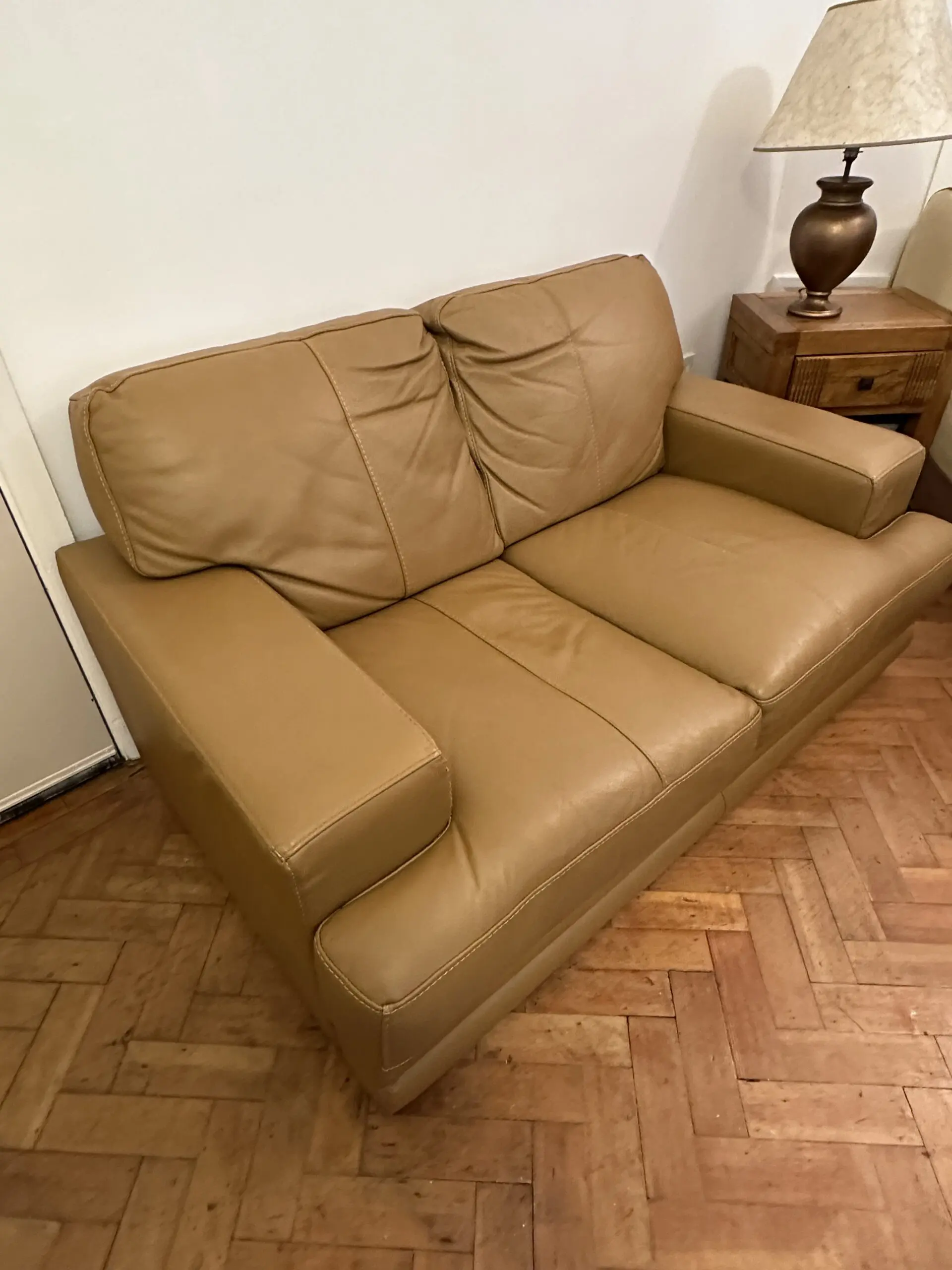 Set of 2 DFS Modern Tan 2-Seated Leather Sofas