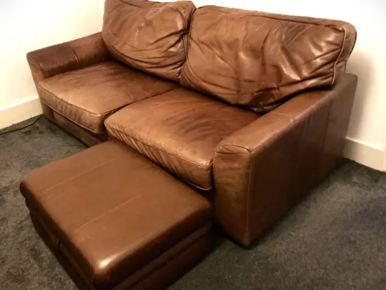 Brown Leather 2 Seater Sofa with Storage Pouffe