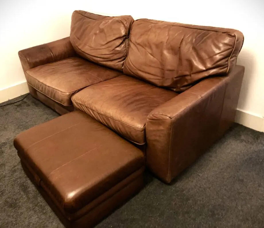 Brown Leather 2 Seater Sofa with Storage Pouffe