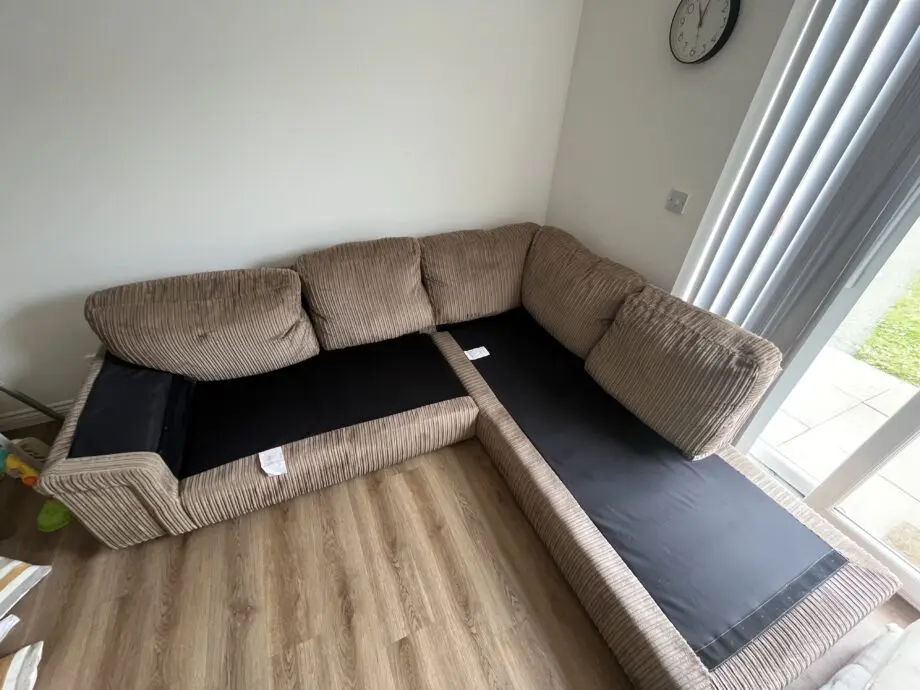 DFS Brown Corduroy Corner Sofa with Chaise Lounge