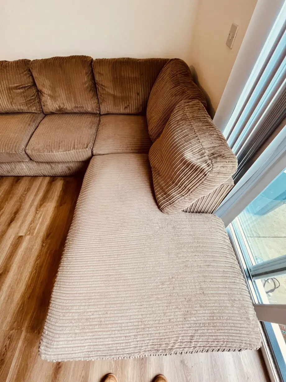 DFS Brown Corduroy Corner Sofa with Chaise Lounge
