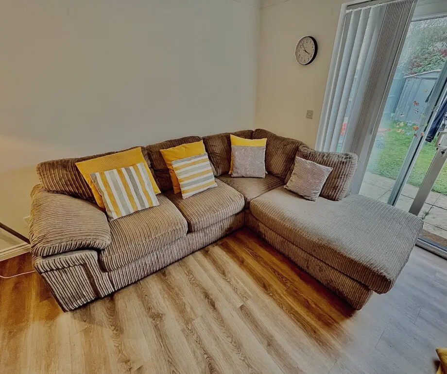 DFS Brown Corduroy Corner Sofa with Chaise Lounge