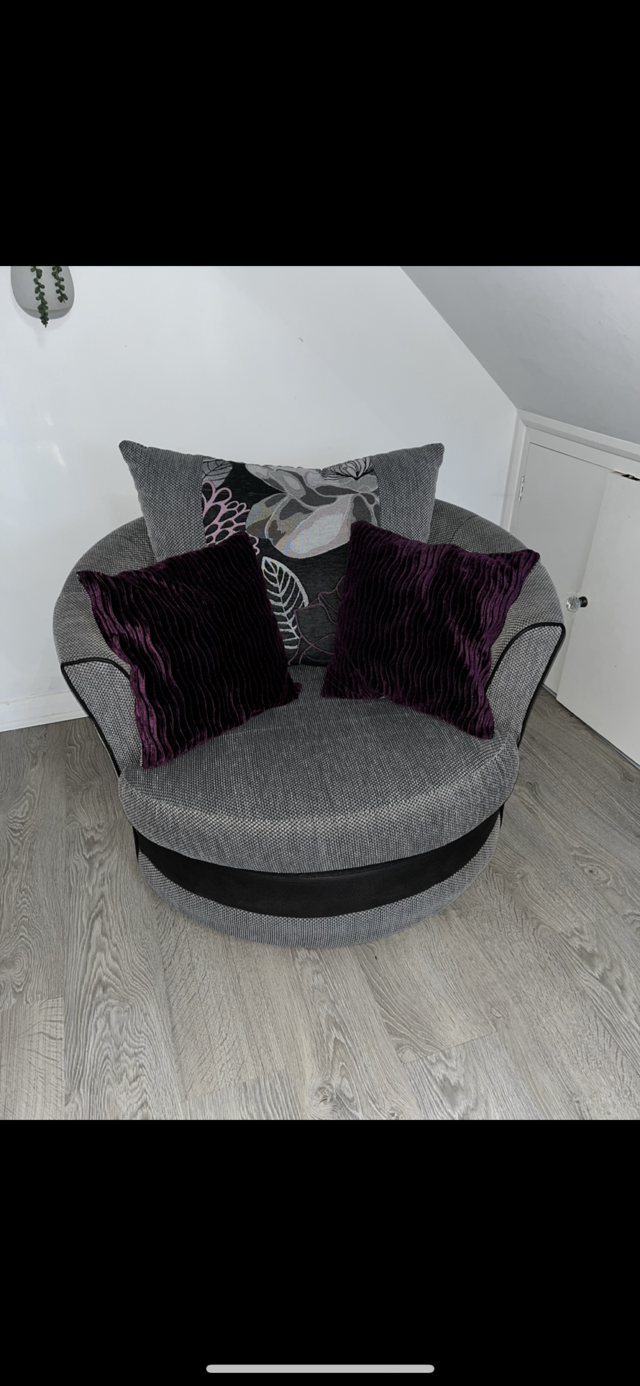 SCS Grey, black & purple Danni corner sofa with small cuddle chair