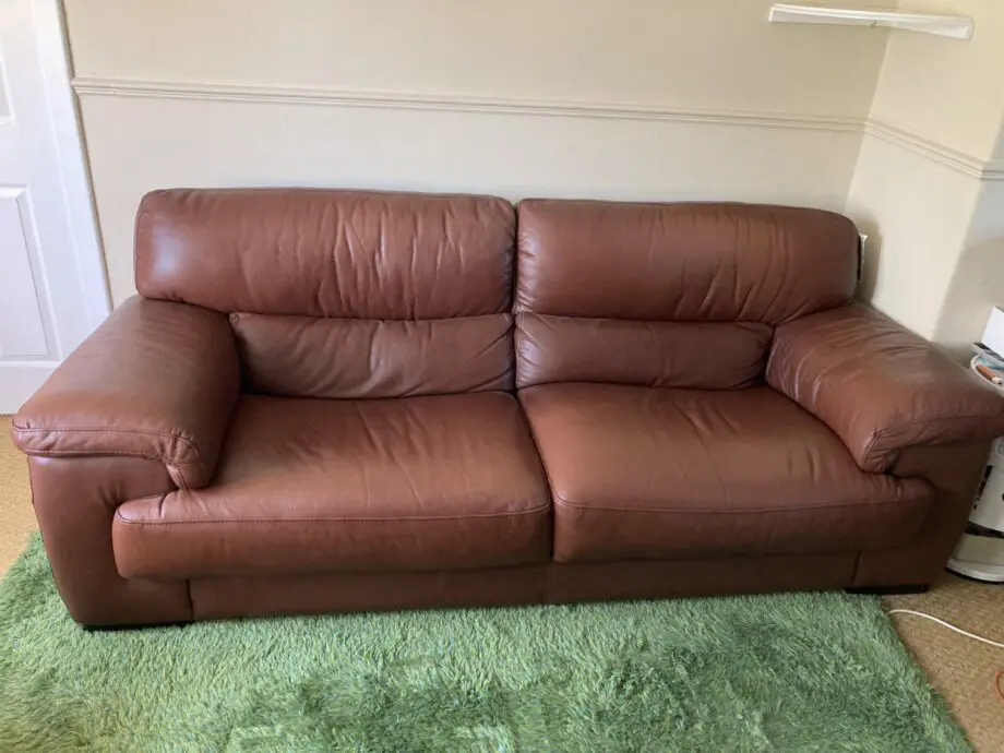 Cognac brown Italian leather sofa.