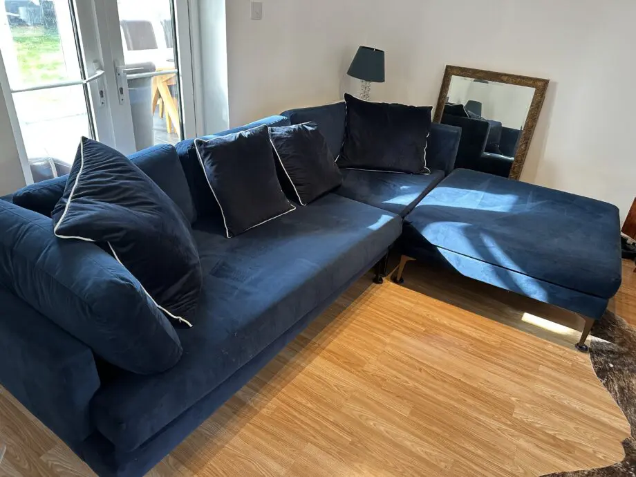 John Lewis blue velvet large sofa & footstool