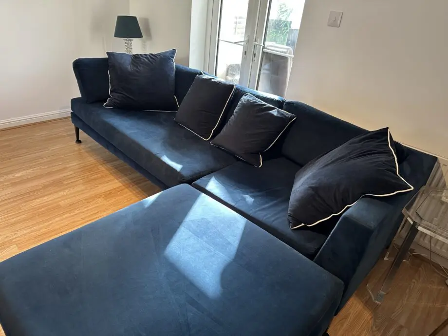 John Lewis blue velvet large sofa & footstool