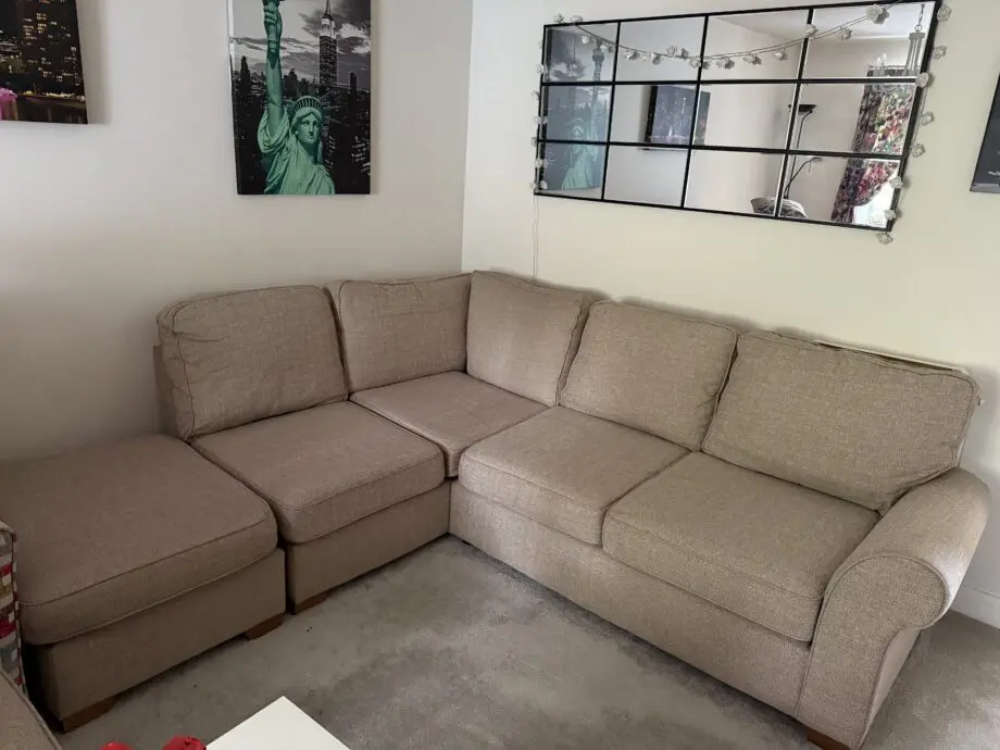 SCS L shaped sofa in beige with footstool