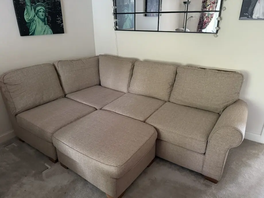 SCS L shaped sofa in beige with footstool