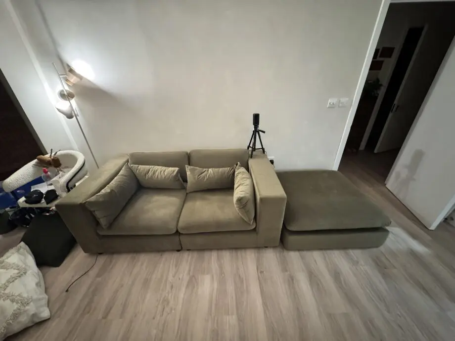 Khaki Green Velvet 3 Seater Sofa and footstool
