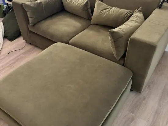 Khaki Green Velvet 3 Seater Sofa and footstool