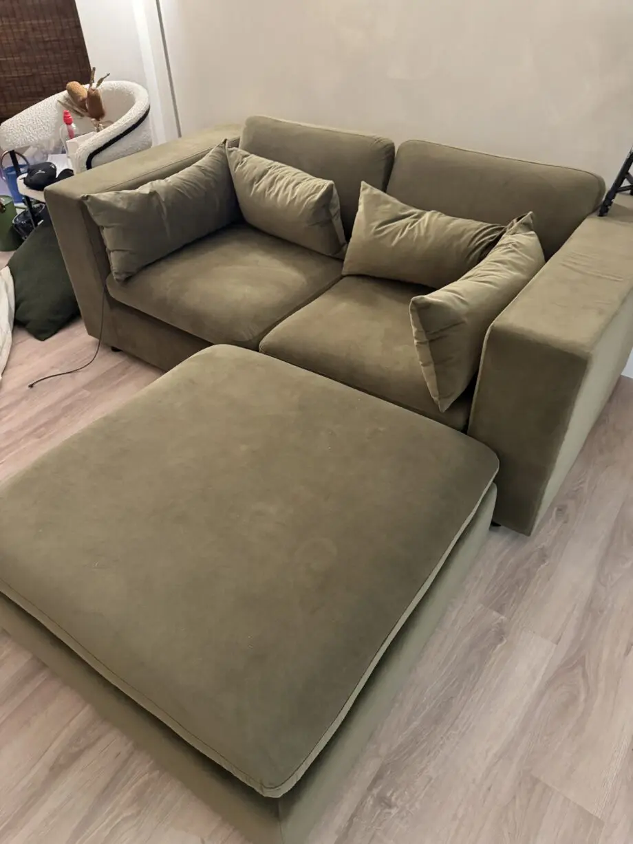 Khaki Green Velvet 3 Seater Sofa and footstool