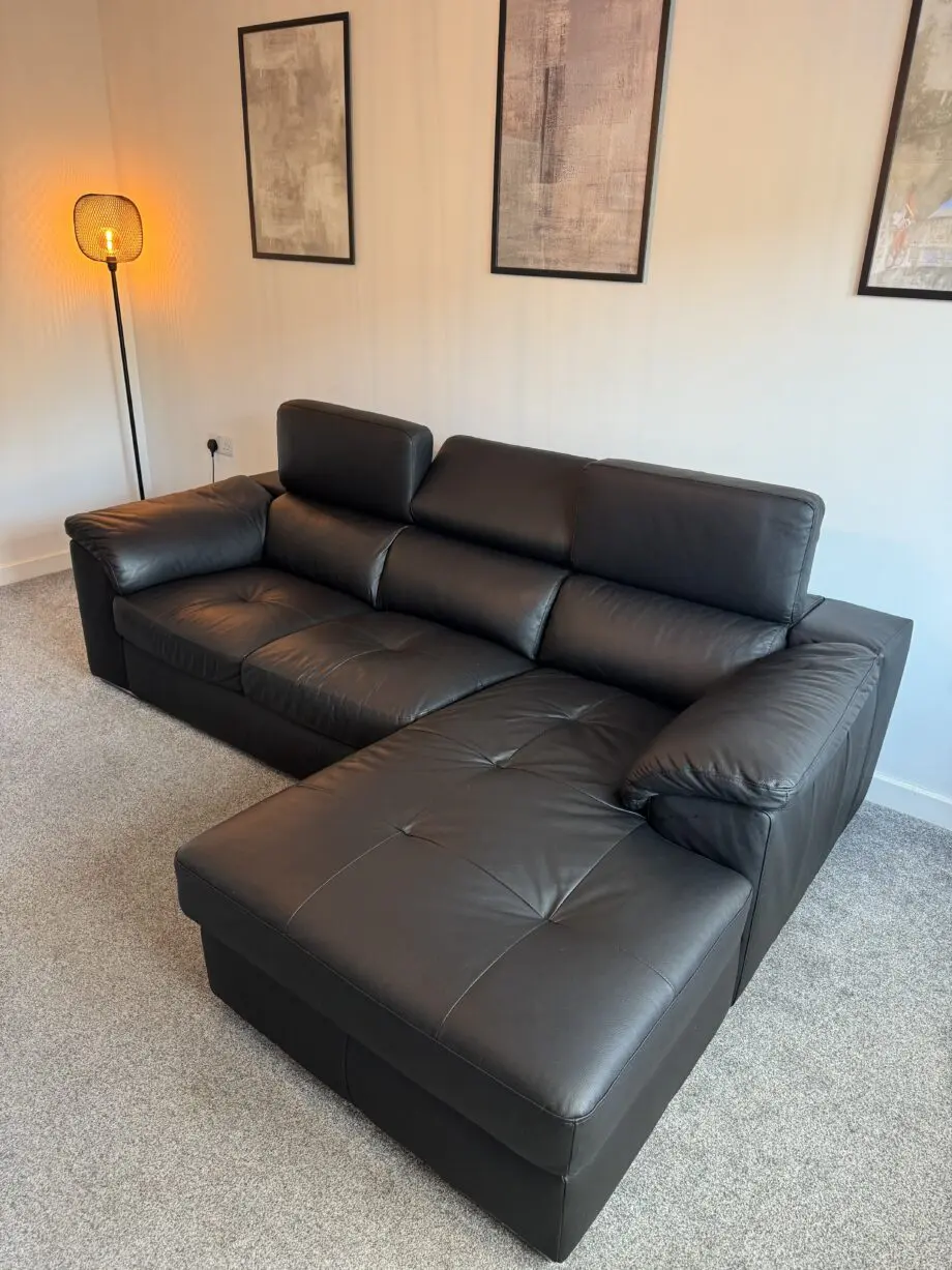 Brady 100% Premium Leather 3 Seater Right Hand Chaise Sofa in Black