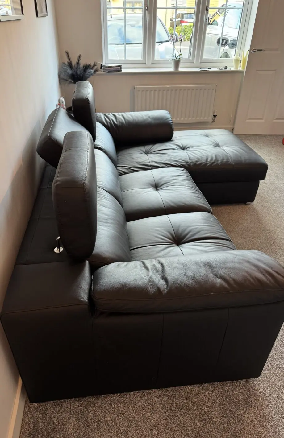 Brady 100% Premium Leather 3 Seater Right Hand Chaise Sofa in Black