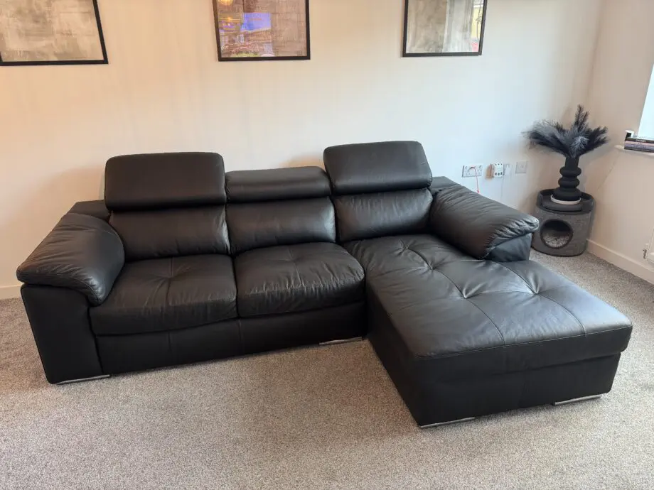 Brady 100% Premium Leather 3 Seater Right Hand Chaise Sofa in Black