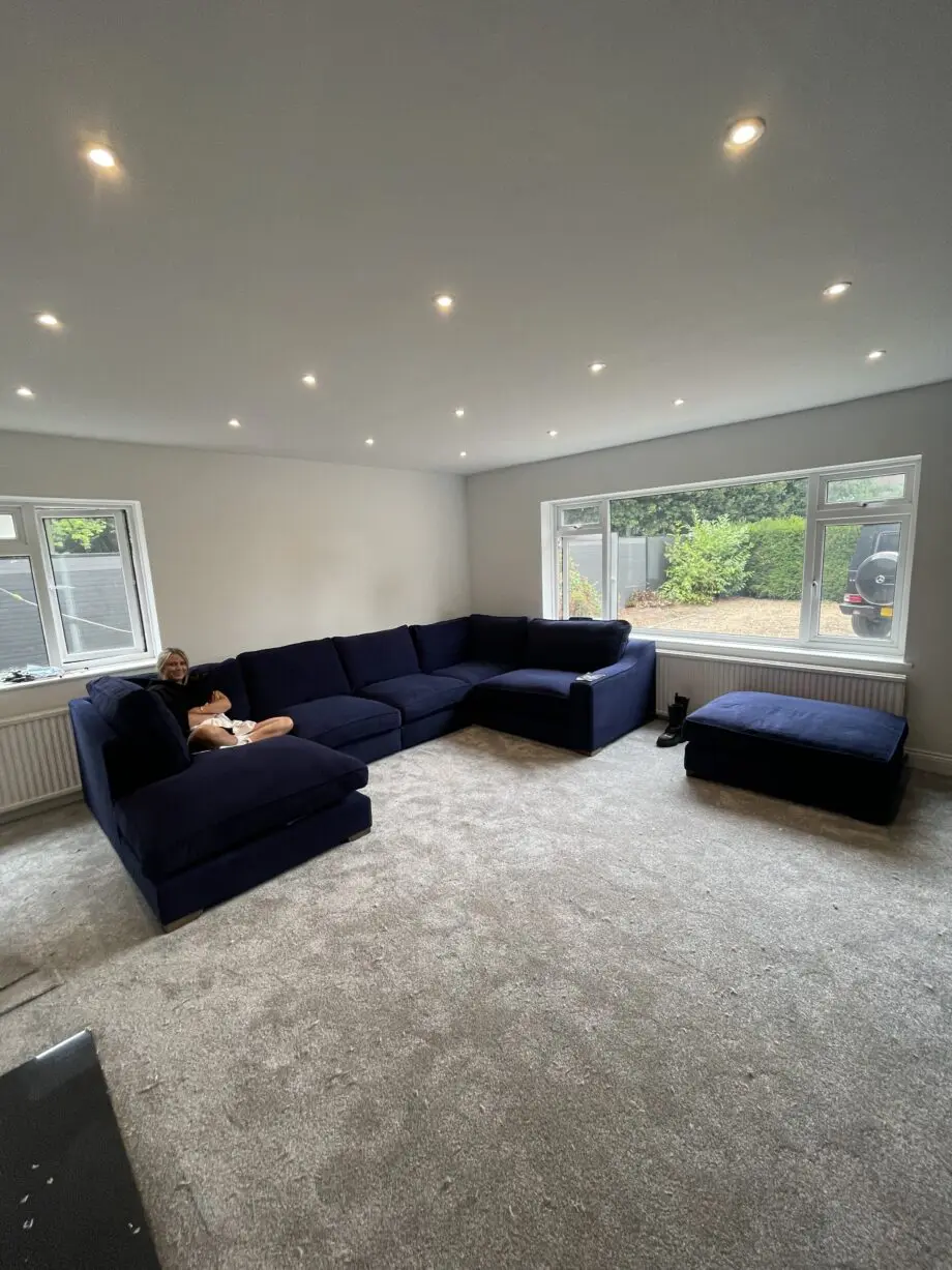 The Lounge Co “Imogen” Corner Sofa with Chaise & Matching Footstool – Damson Jam