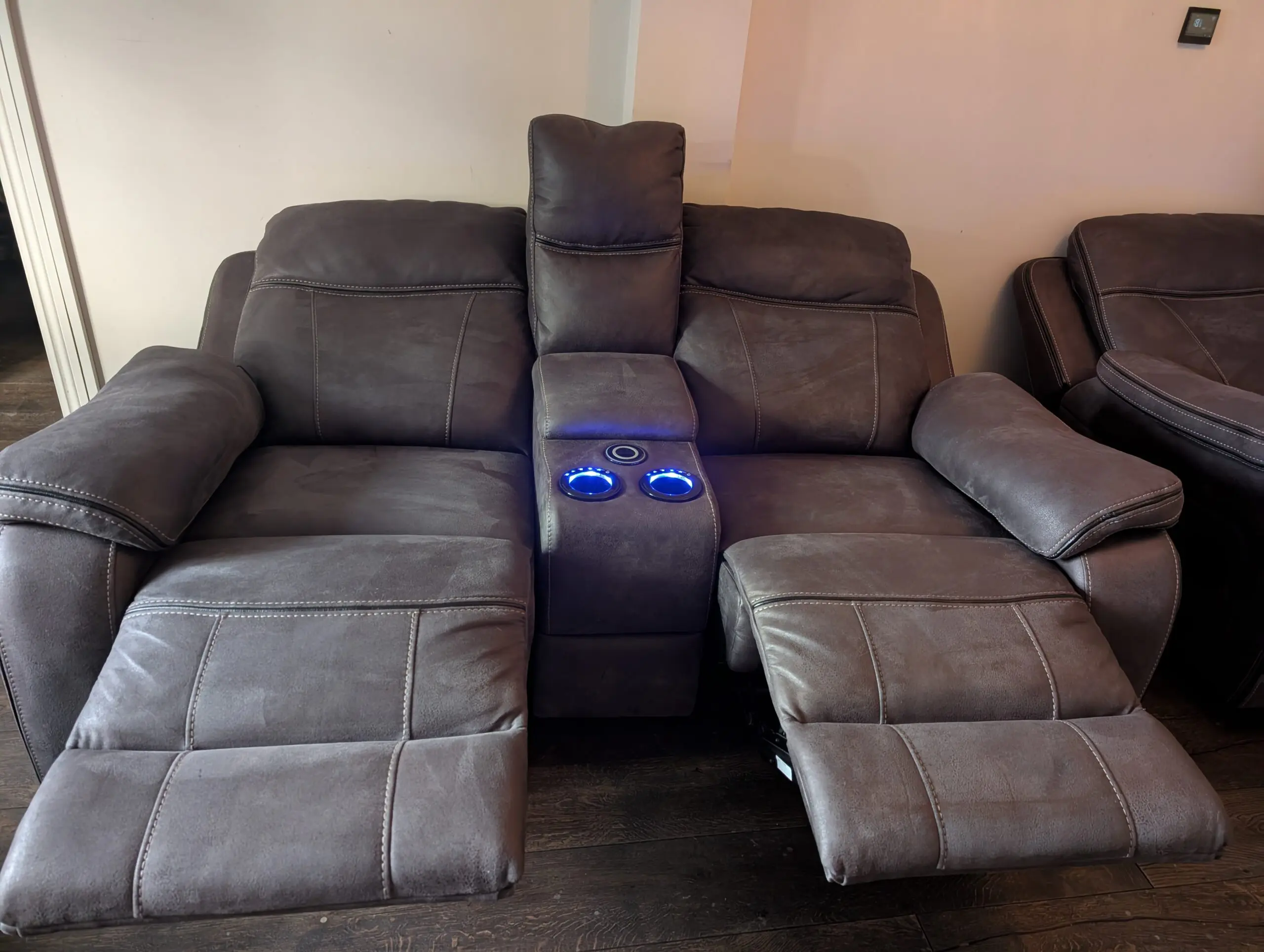 Charcoal Grey - DFS Tech Sofa set - 2 x 2 seater sofas & 1 X footstool w/storage. RRP £4000