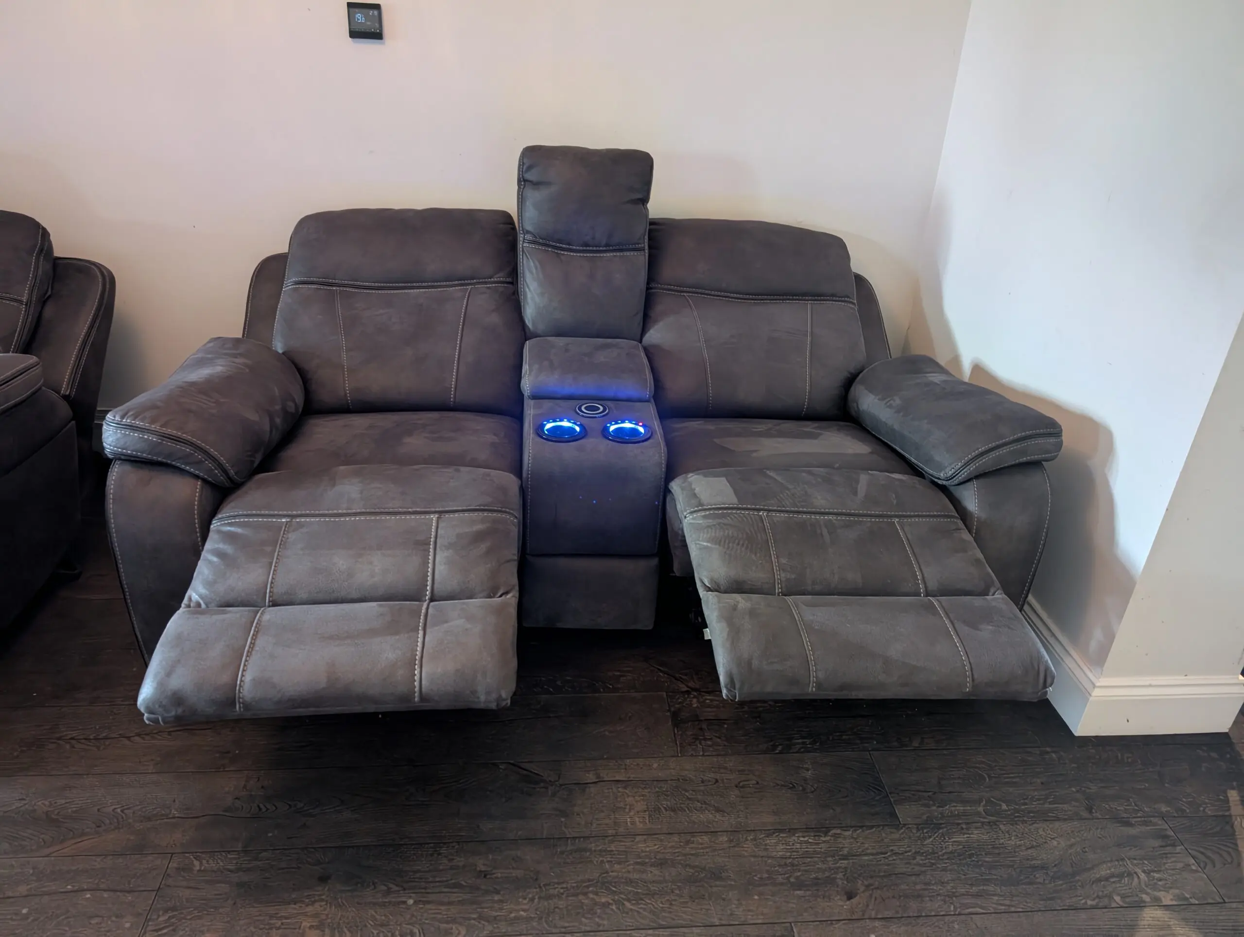Charcoal Grey - DFS Tech Sofa set - 2 x 2 seater sofas & 1 X footstool w/storage. RRP £4000