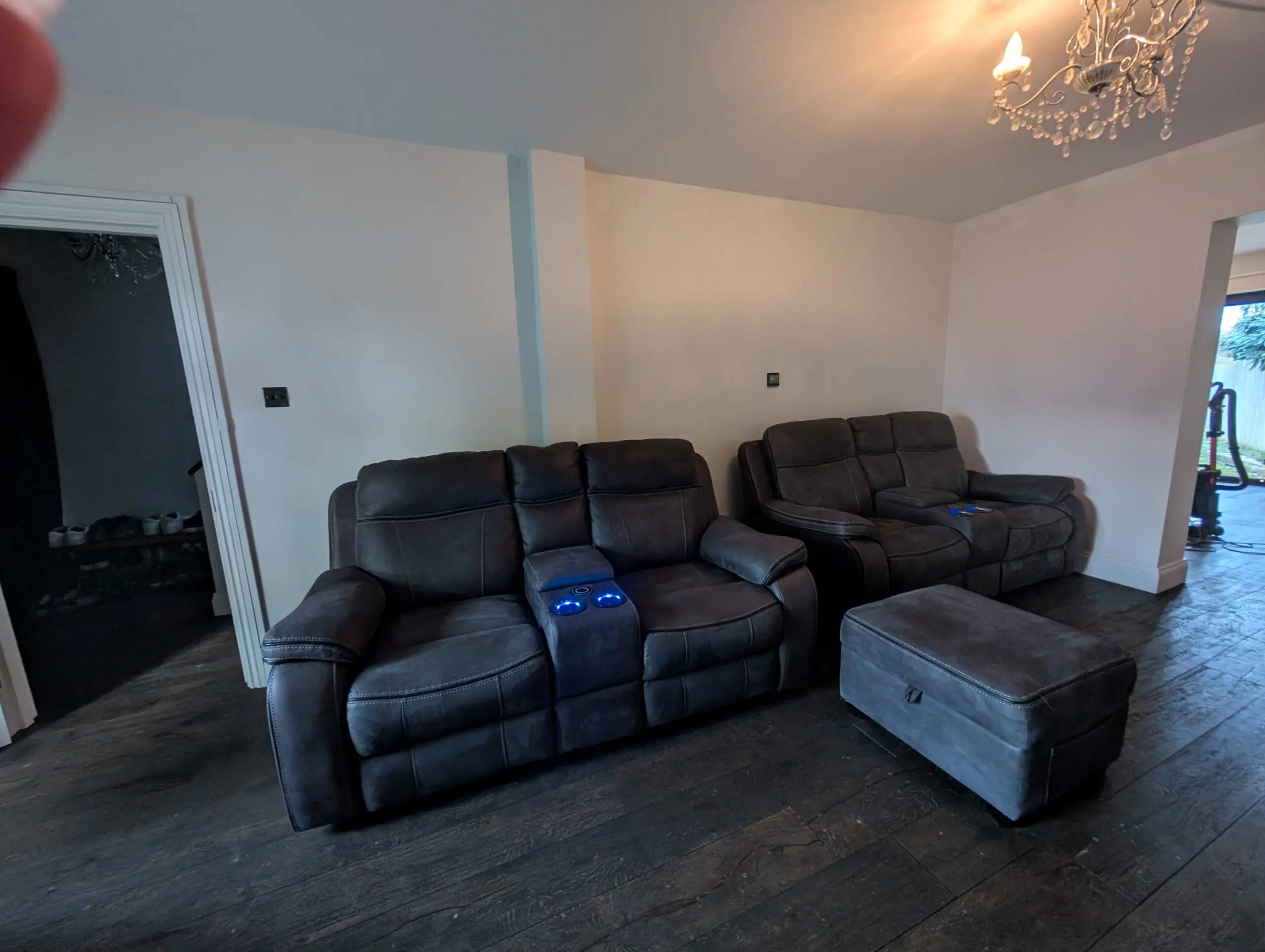 Charcoal Grey - DFS Tech Sofa set - 2 x 2 seater sofas & 1 X footstool w/storage. RRP £4000