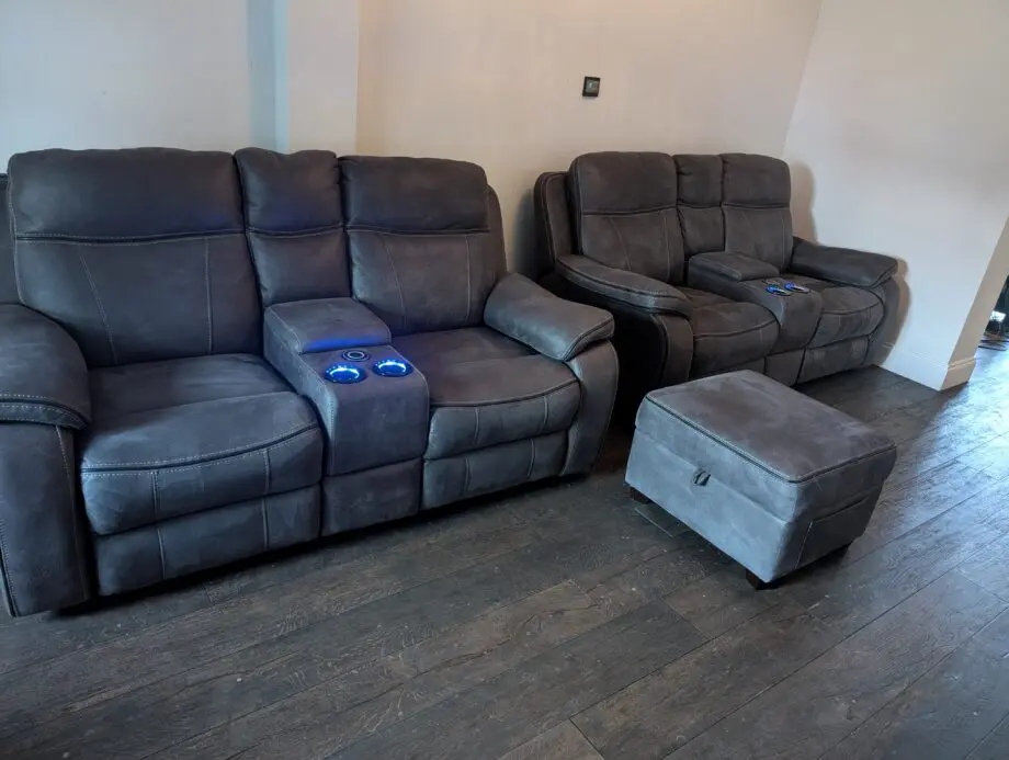 Charcoal Grey - DFS Tech Sofa set - 2 x 2 seater sofas & 1 X footstool w/storage. RRP £4000