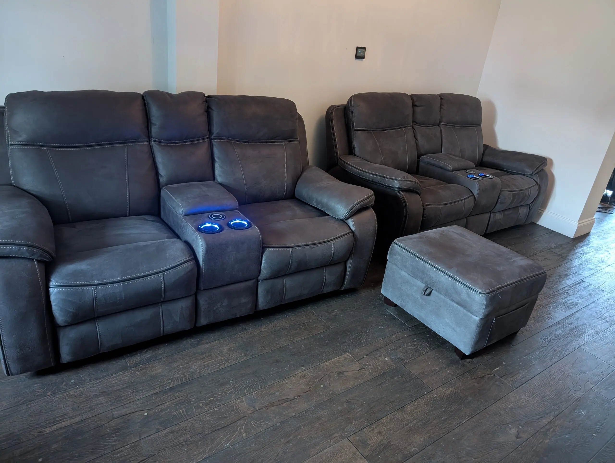 Charcoal Grey - DFS Tech Sofa set - 2 x 2 seater sofas & 1 X footstool w/storage. RRP £4000
