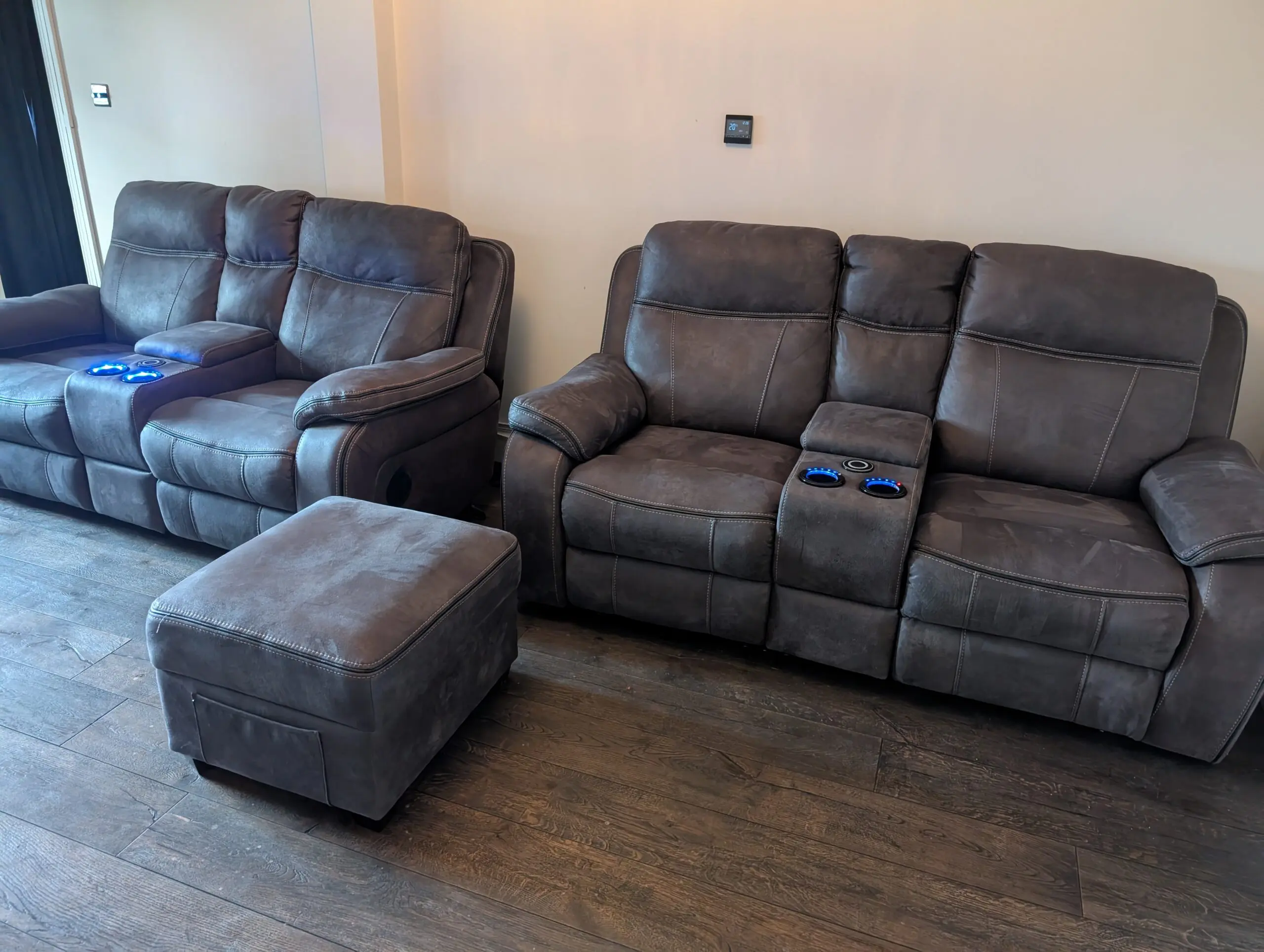 Charcoal Grey - DFS Tech Sofa set - 2 x 2 seater sofas & 1 X footstool w/storage. RRP £4000