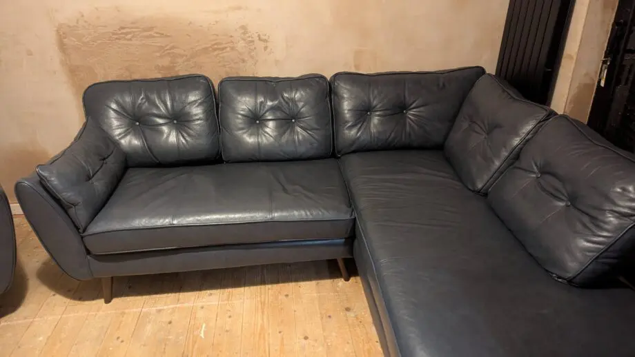 DFS Zinc French Connection Blue Leather Left Hand Facing Corner Sofa and Arm Chair