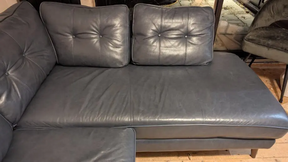 DFS Zinc French Connection Blue Leather Left Hand Facing Corner Sofa and Arm Chair