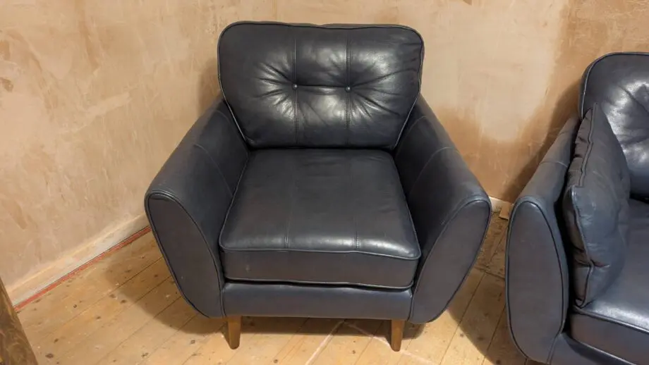 DFS Zinc French Connection Blue Leather Left Hand Facing Corner Sofa and Arm Chair