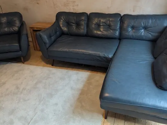 DFS Zinc French Connection Blue Leather Left Hand Facing Corner Sofa and Arm Chair