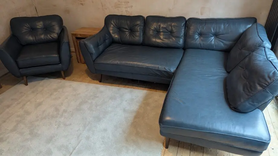 DFS Zinc French Connection Blue Leather Left Hand Facing Corner Sofa and Arm Chair