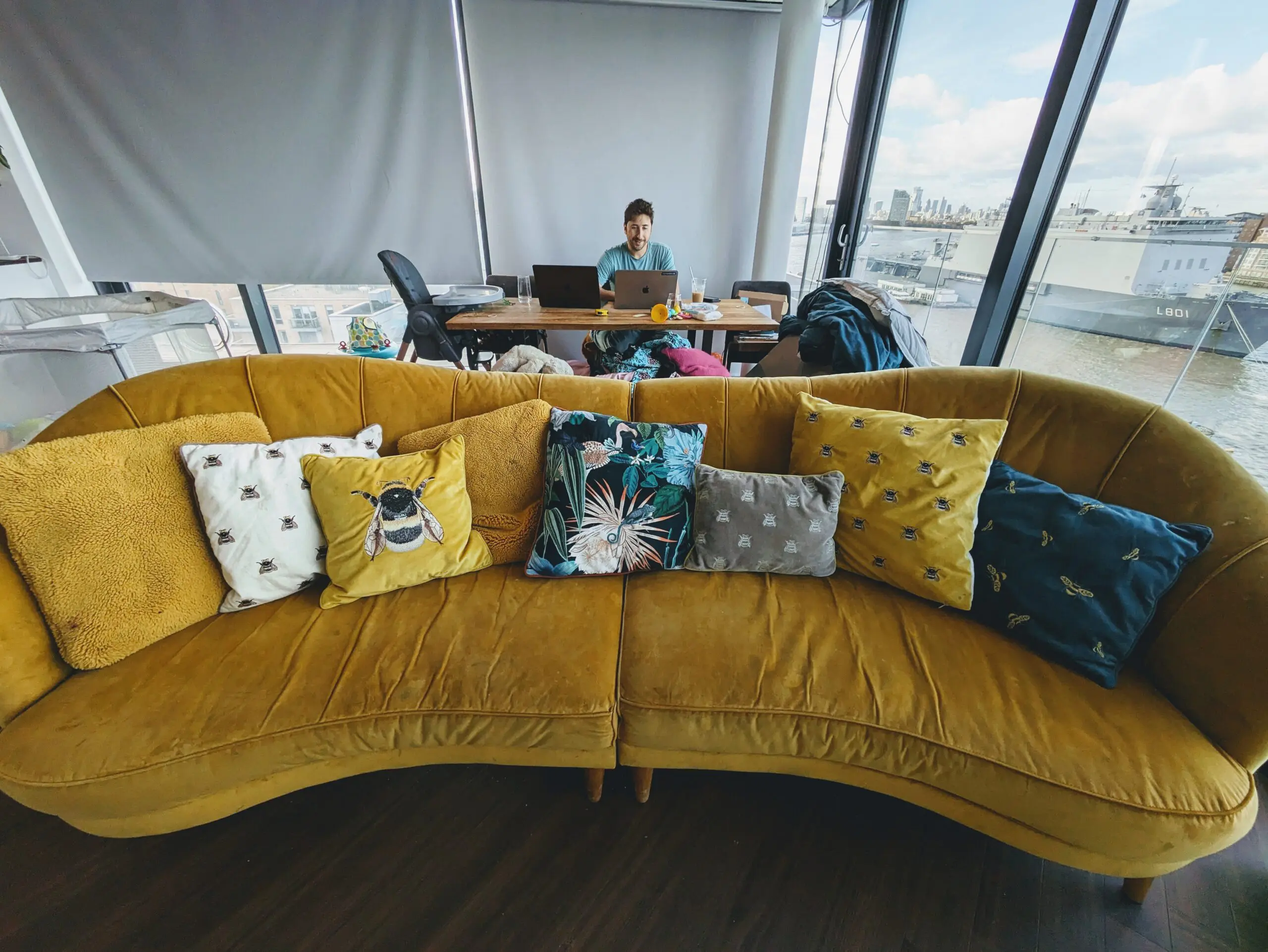 Sofology Yellow Velvet Curved Sofa