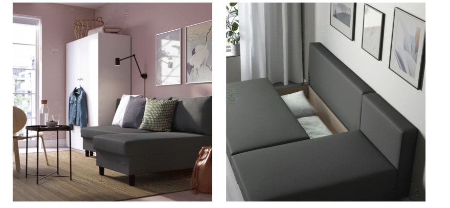 3-seat sofa-bed with chaise longue, Knisa dark grey