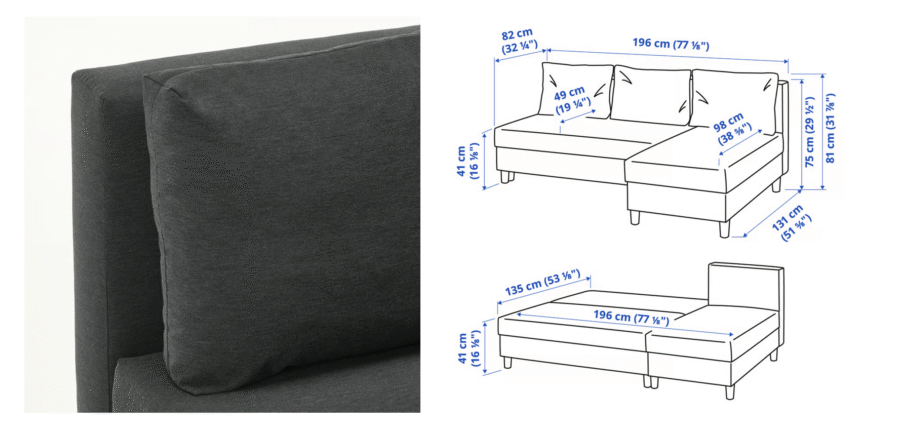 3-seat sofa-bed with chaise longue, Knisa dark grey