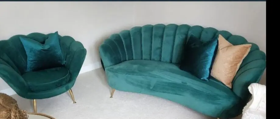 Green Velour Barker and Stonehouse 2x 3 seater and 1x Armchair with 2x storage pouffes
