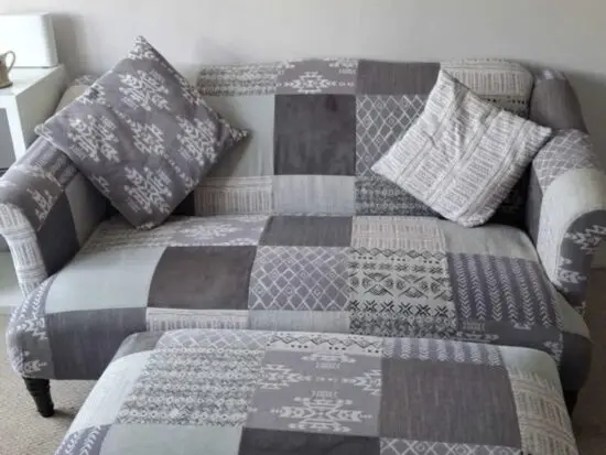 DFS patchwork 2 seater sofa, armchair and footstool