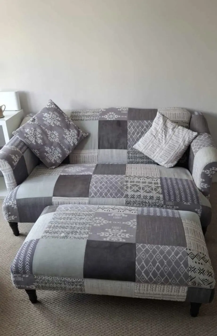 DFS patchwork 2 seater sofa, armchair and footstool