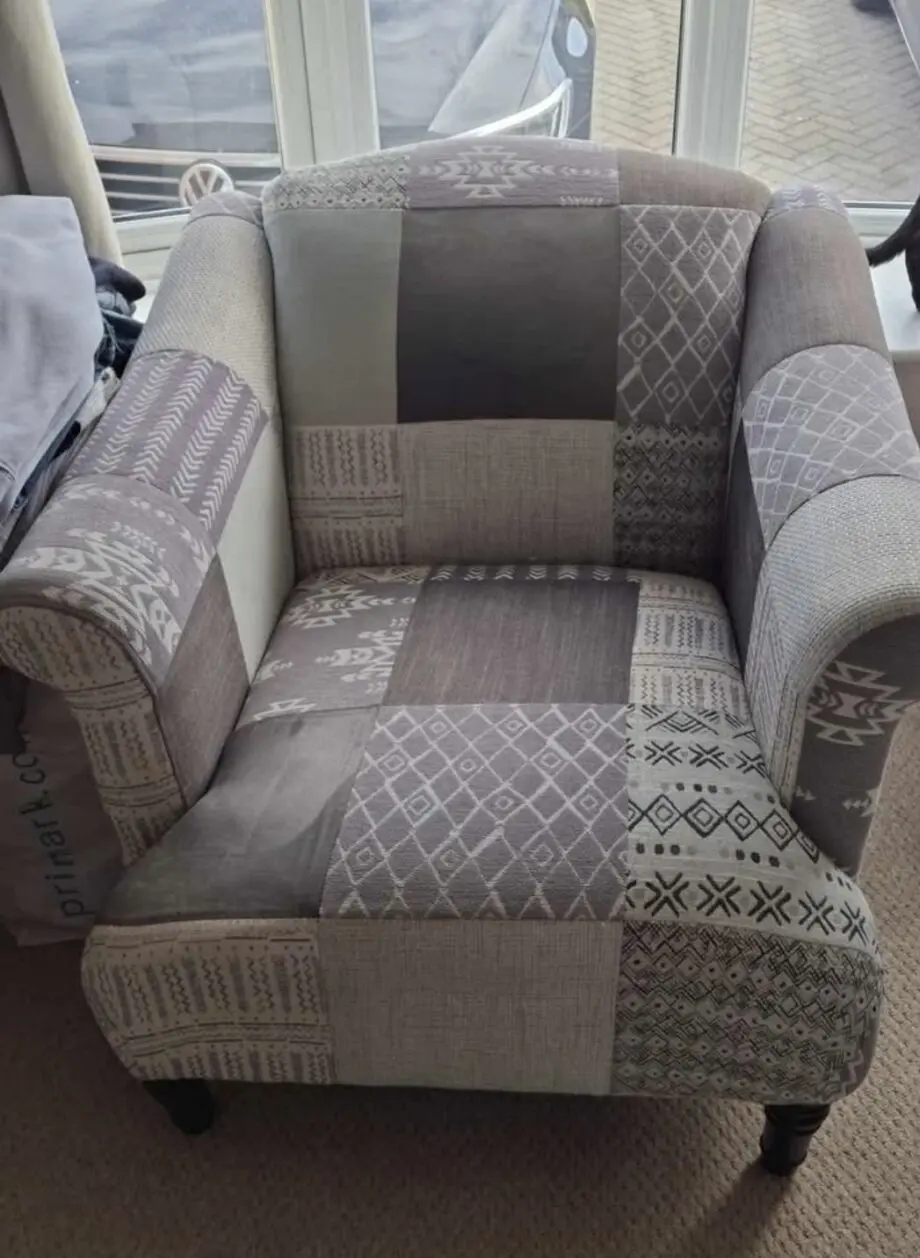 DFS patchwork 2 seater sofa, armchair and footstool