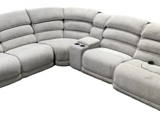 DFS 5 SEATER POWER RECLINER SOFA WITH CONSOLE UNIT IN FOG LIGHT GREY FABRIC