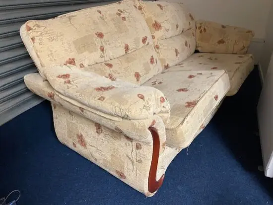 Three piece lounge suite, beige & brown fabric with wooden detailing