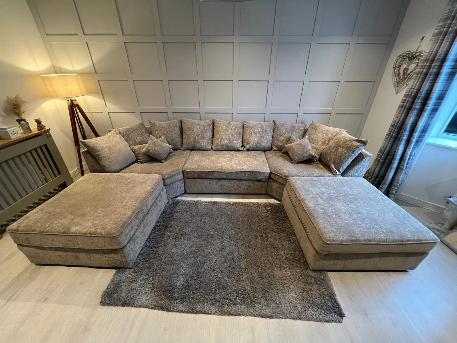 Modern U-Shape brushed-oatmeal modular 4-seater with dual footstools