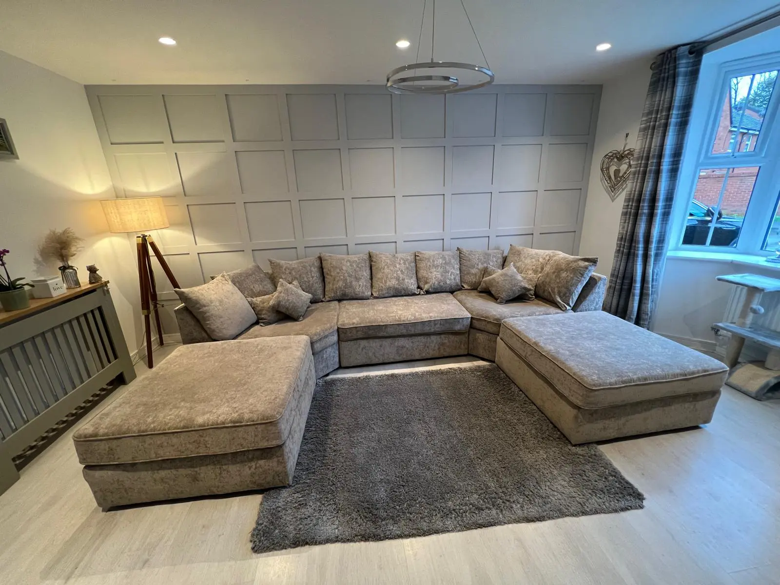 Modern U-Shape brushed-oatmeal modular 4-seater with dual footstools
