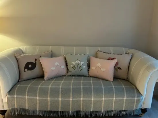 Susie Watson chesterfield sofa , duck egg herring bone